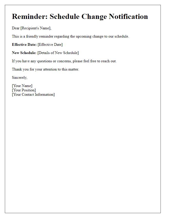 Letter template of reminder for upcoming schedule change