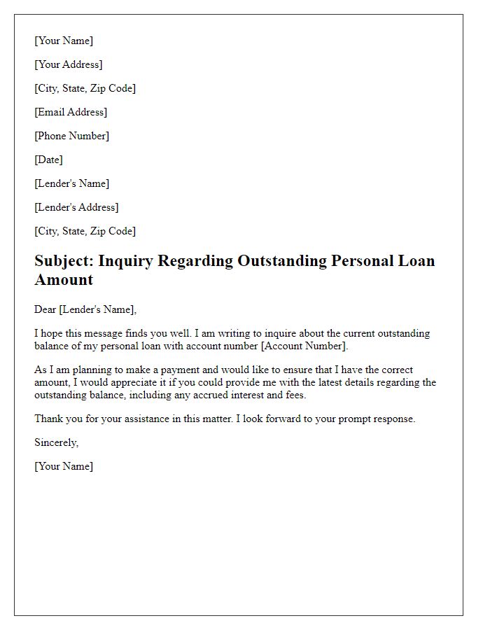 Letter template of inquiry regarding outstanding personal loan amount