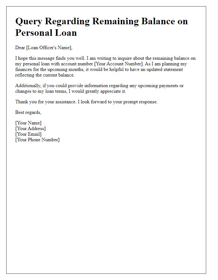 Letter template of query about remaining balance on personal loan