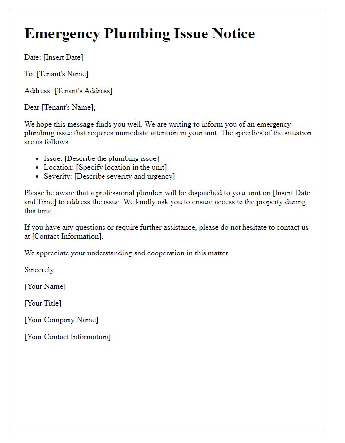 Letter template of emergency plumbing issue notice for tenants