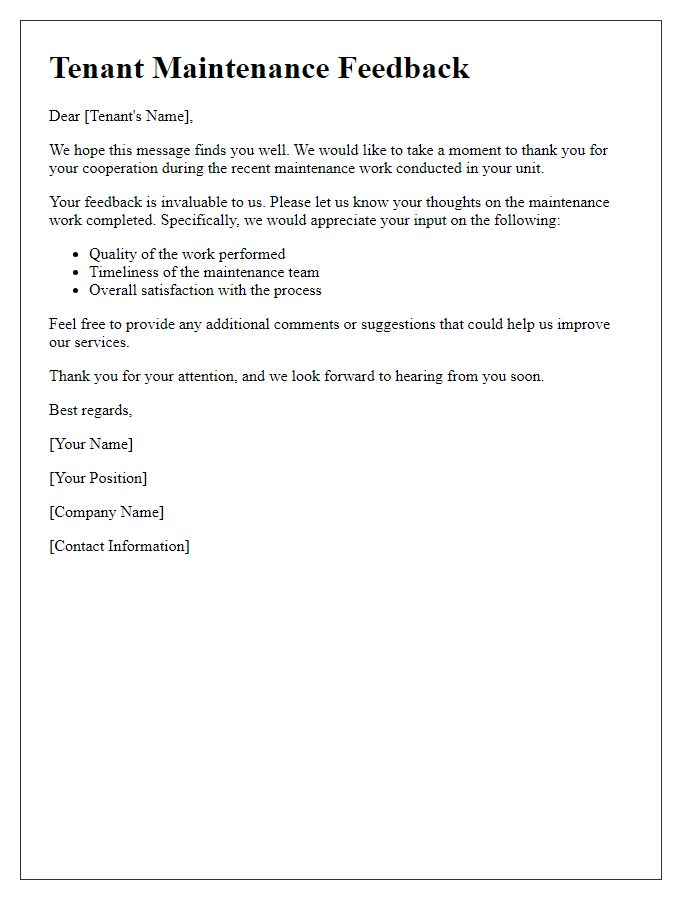 Letter template of general maintenance feedback for tenants