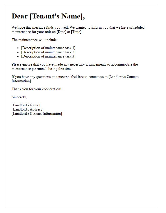 Letter template of landlord maintenance communication for tenants