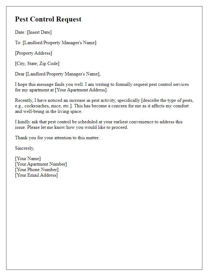 Letter template of pest control request for renters