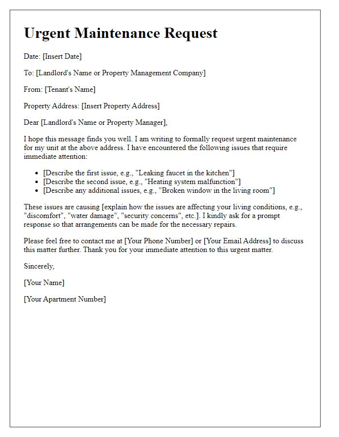 Letter template of urgent maintenance request for tenants