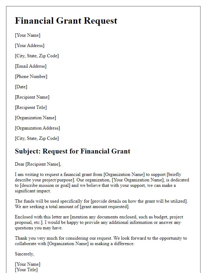 Letter template of financial grant request