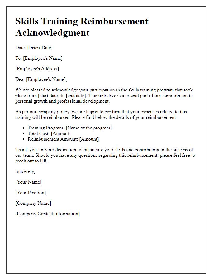 Letter template of skills training reimbursement acknowledgment for personal growth initiatives