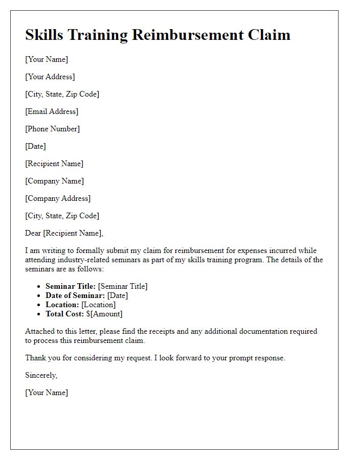 Letter template of skills training reimbursement claim for industry-related seminars