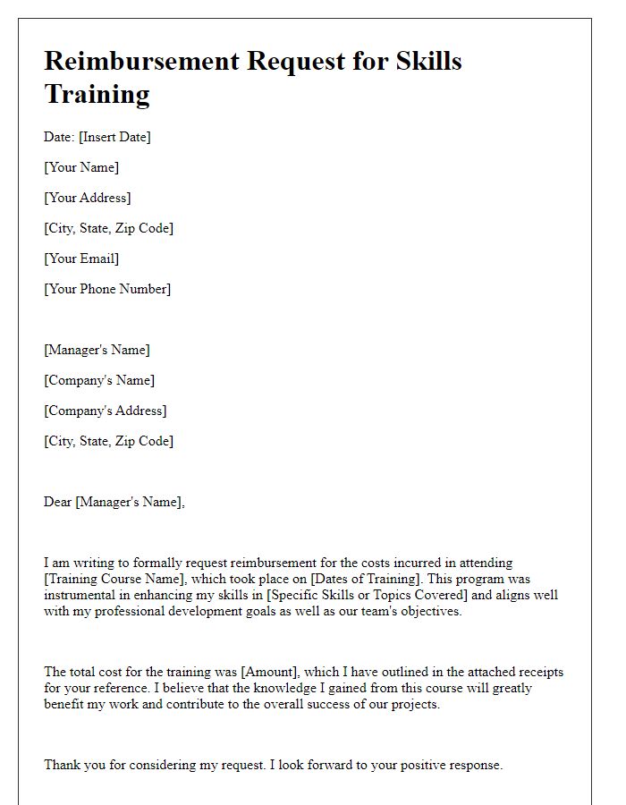 Letter template of skills training reimbursement request for professional development