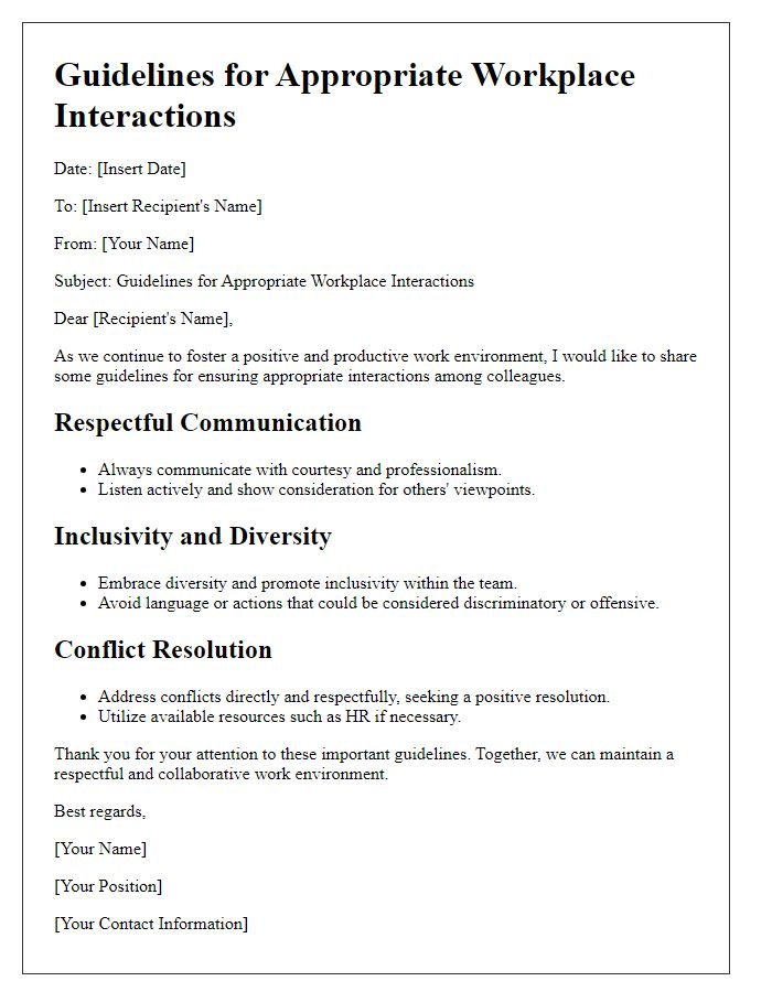 Letter template of guidelines for appropriate workplace interactions