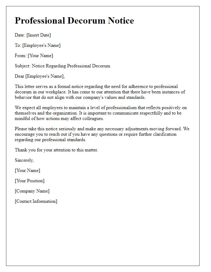 Letter template of professional decorum notice