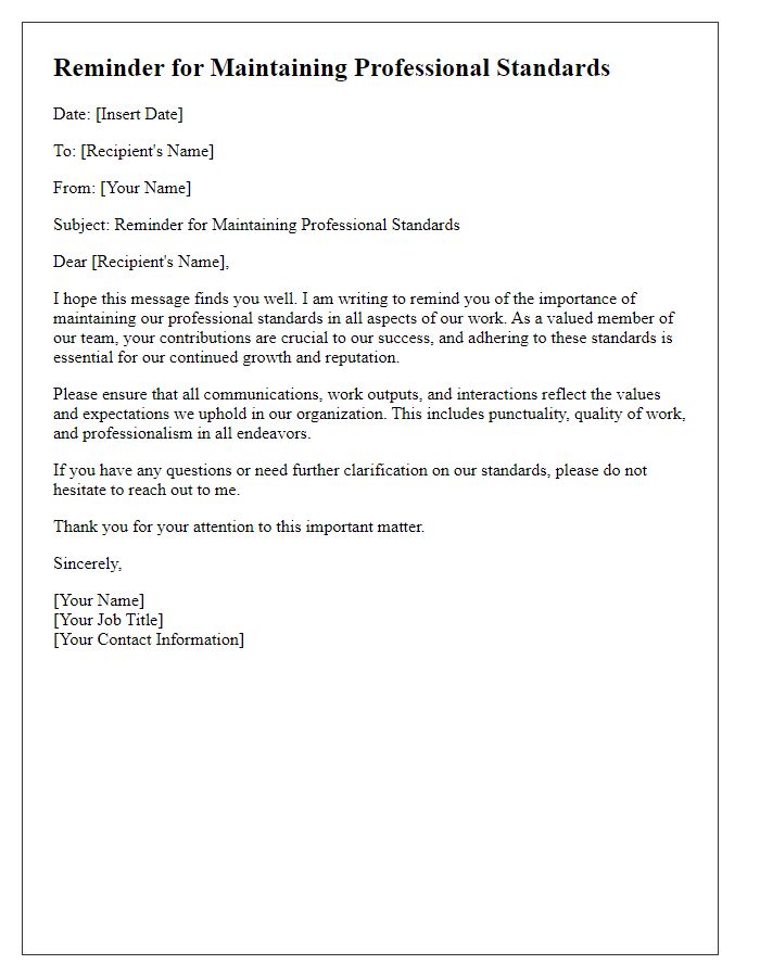 Letter template of reminder for maintaining professional standards