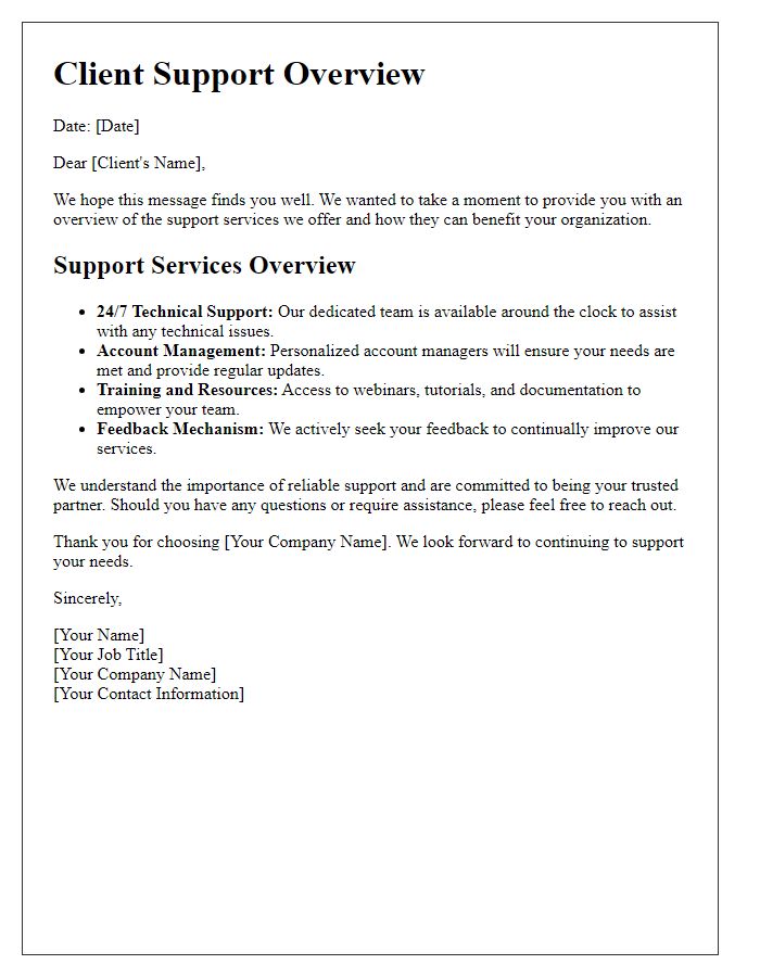 Letter template of Client Support Overview