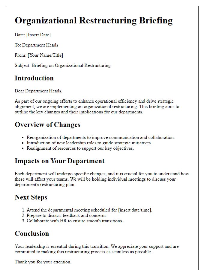 Letter template of organizational restructuring briefing for department heads