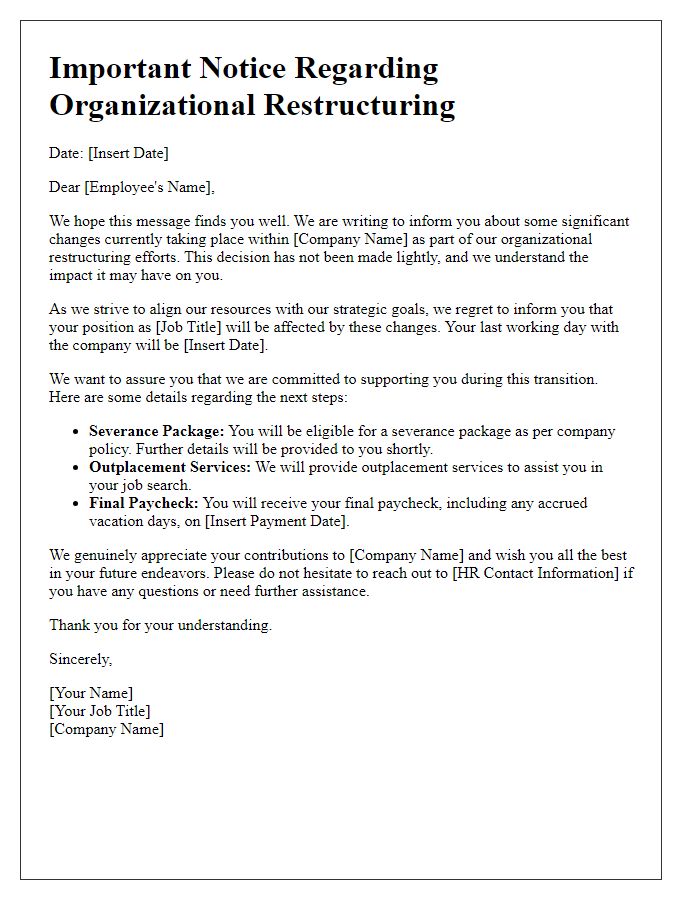 Letter template of organizational restructuring details for affected employees