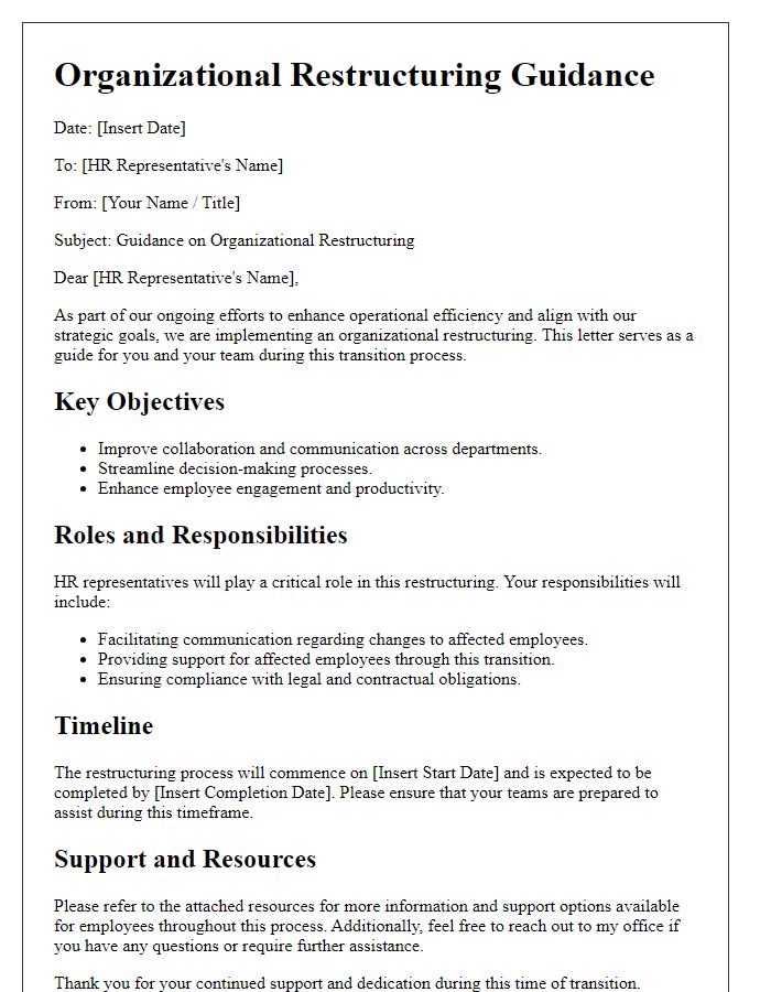 Letter template of organizational restructuring guidance for HR representatives