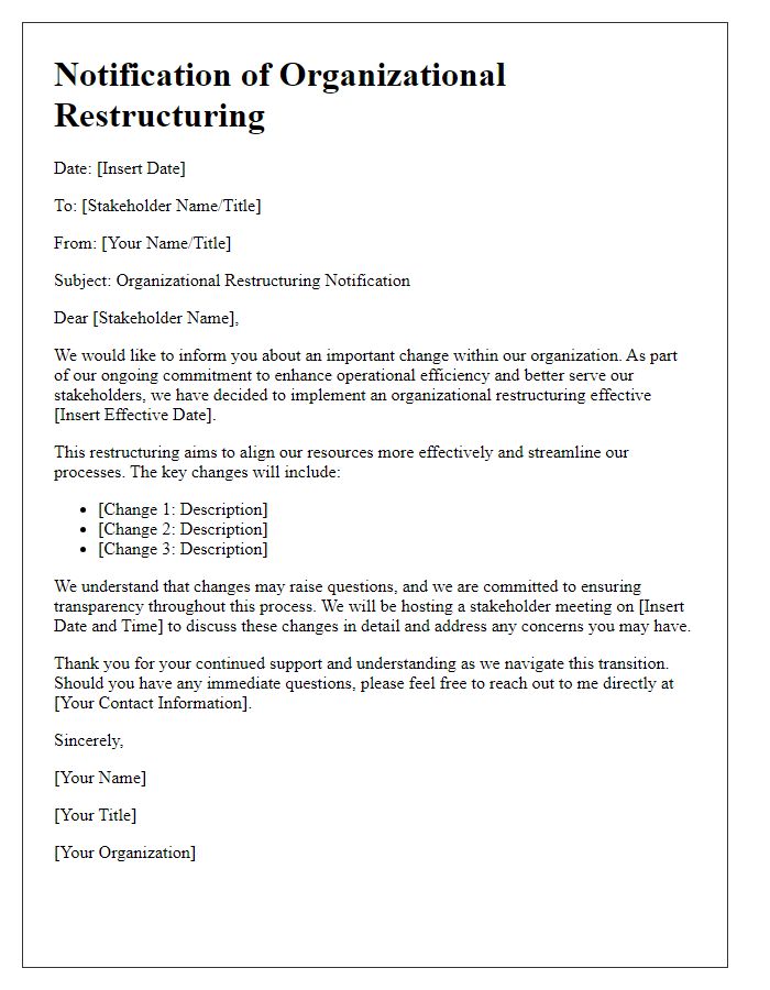 Letter template of organizational restructuring notification for stakeholders