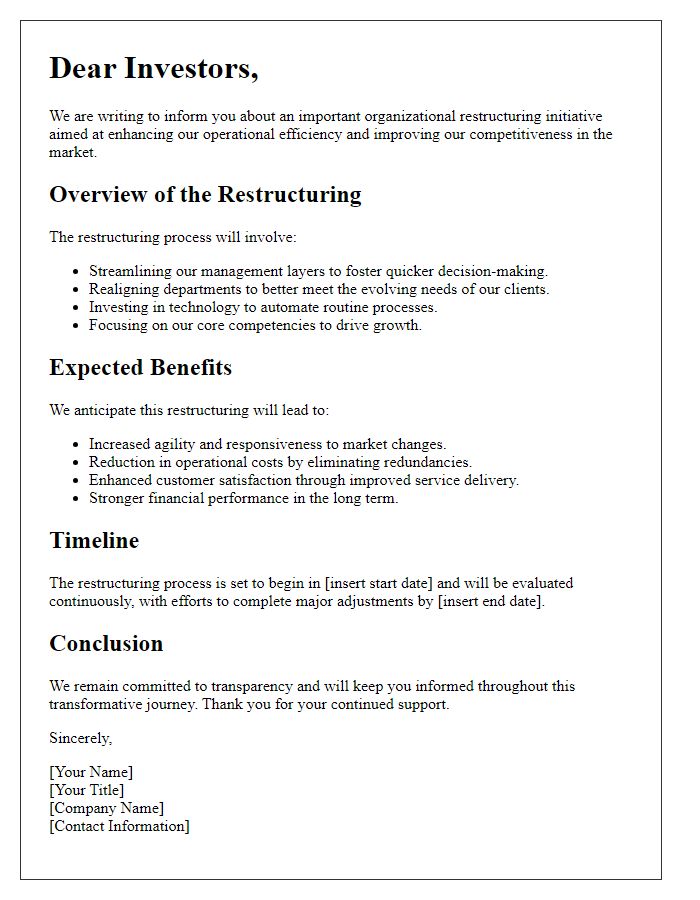 Letter template of organizational restructuring overview for investors