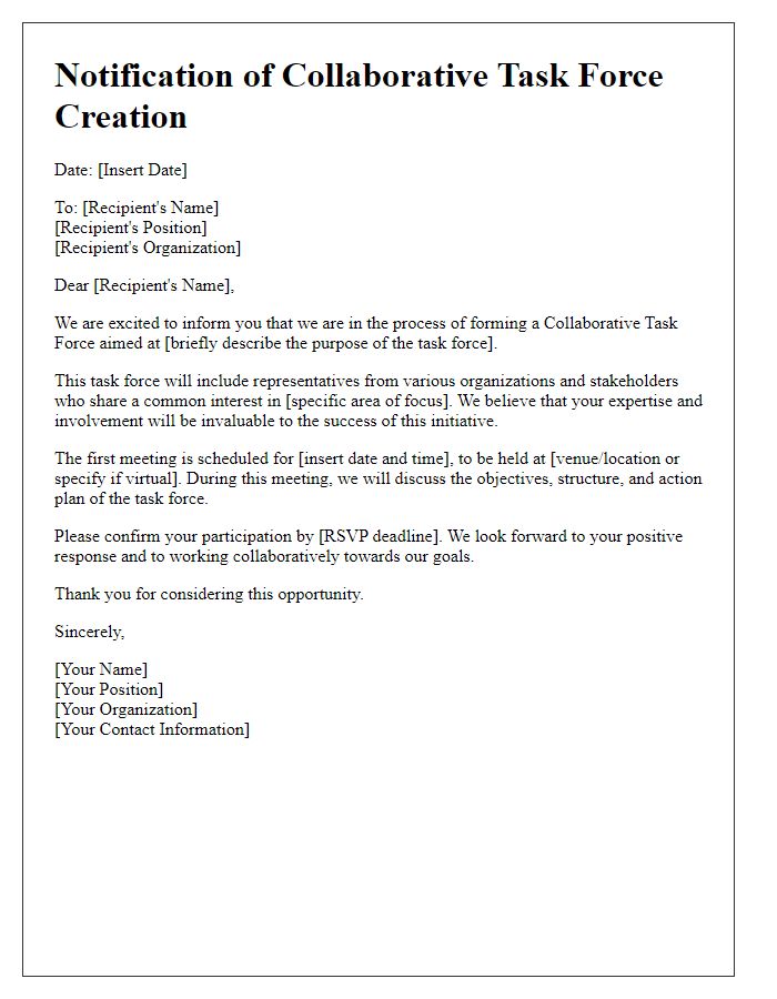 Letter template of notification for collaborative task force creation