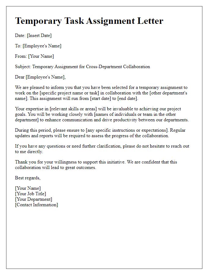 Letter template of temporary task assignment for cross-department collaboration