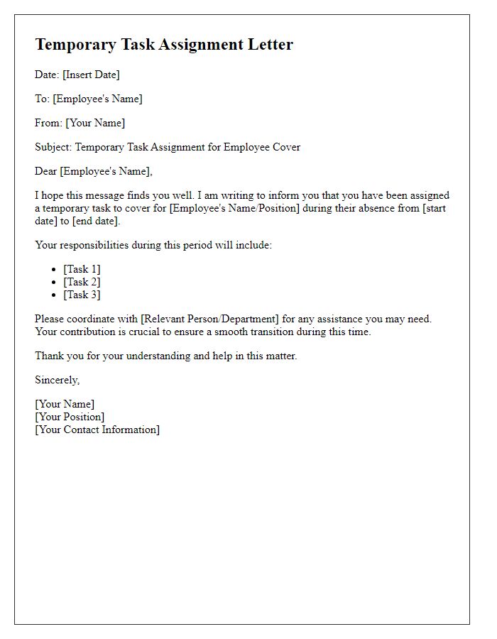 Letter template of temporary task assignment for employee cover