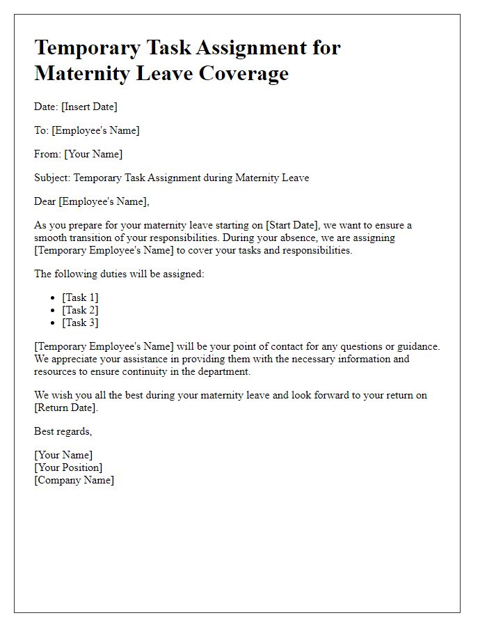 Letter template of temporary task assignment for maternity leave coverage