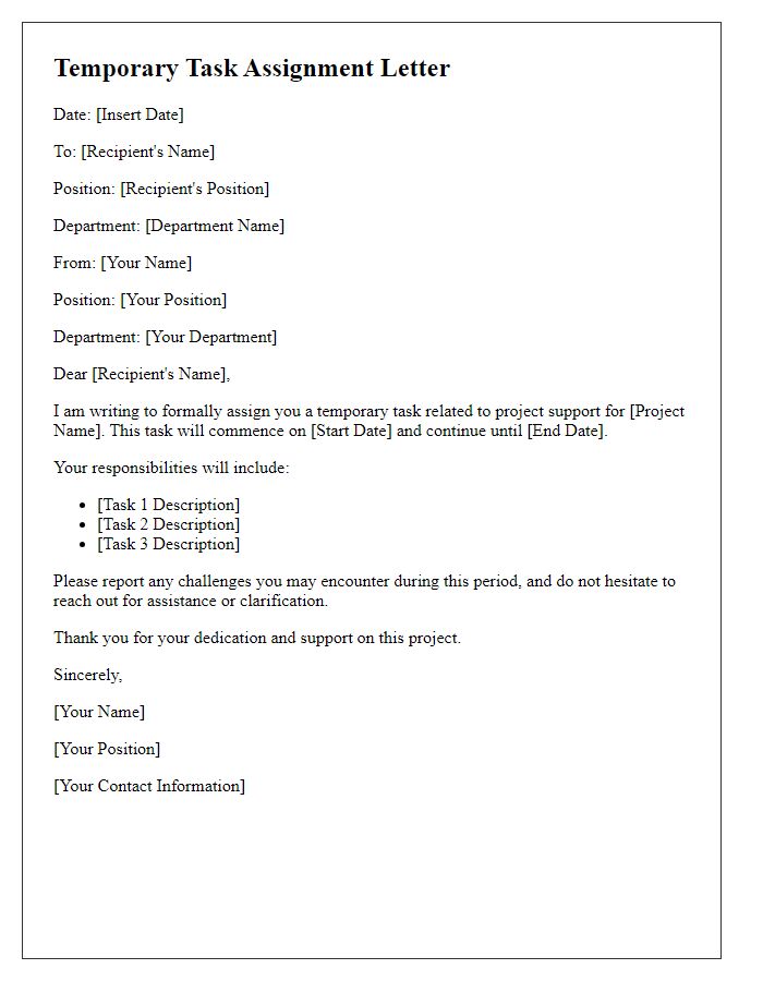 Letter template of temporary task assignment for project support