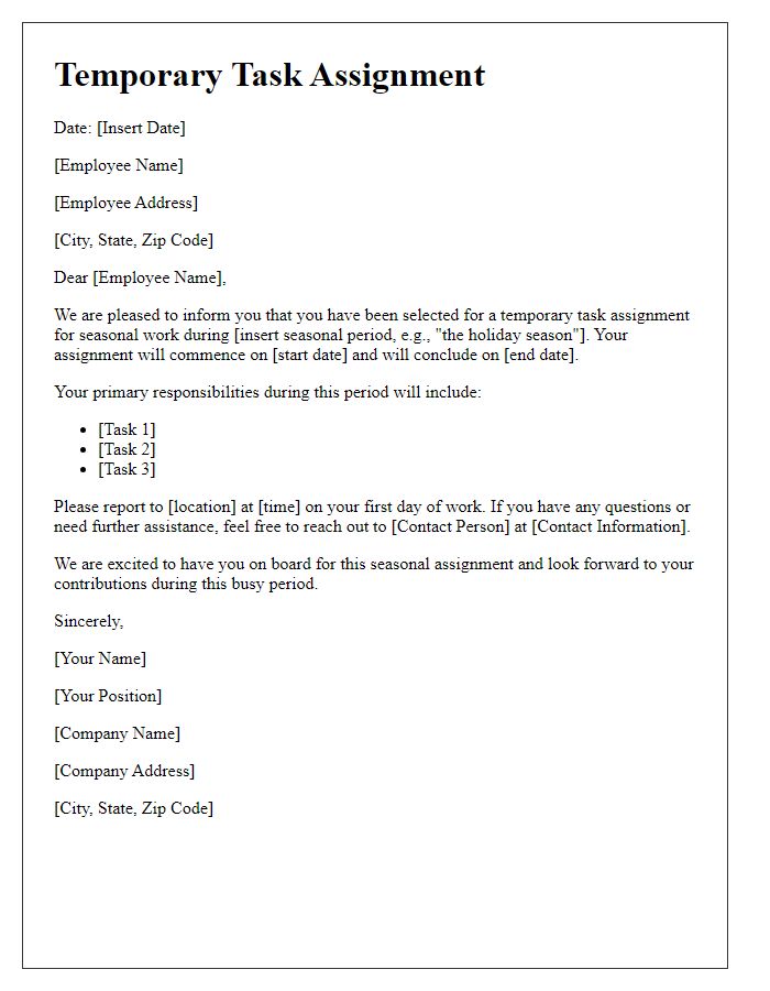 Letter template of temporary task assignment for seasonal work