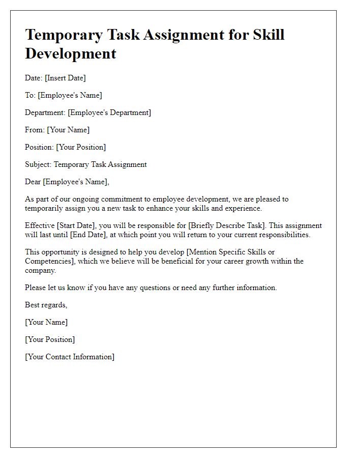 Letter template of temporary task assignment for skill development