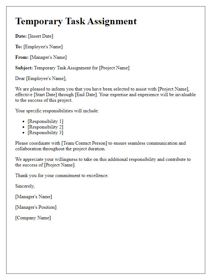 Letter template of temporary task assignment for special project