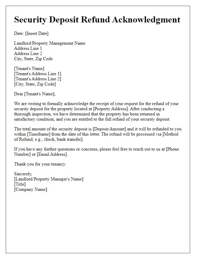 Letter template of acknowledgment for tenant security deposit refund