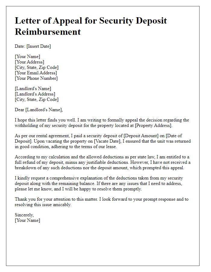 Letter template of appeal for tenant security deposit reimbursement