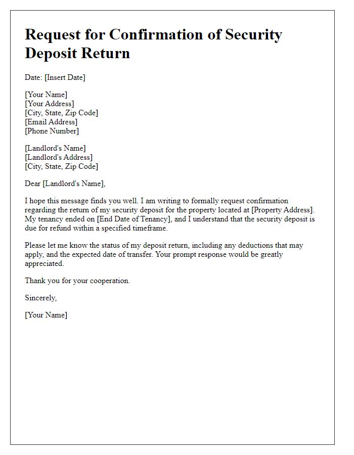 Letter template of confirmation request for security deposit return