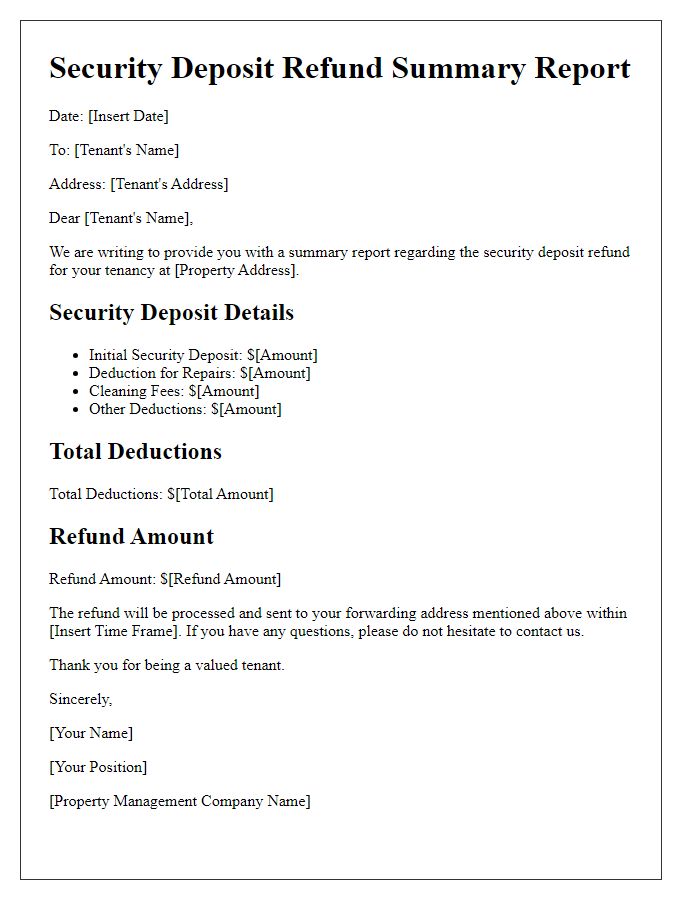 Letter template of summary report for tenant security deposit refund