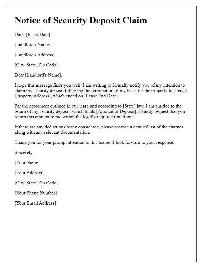 Letter template of tenant notice for security deposit claim