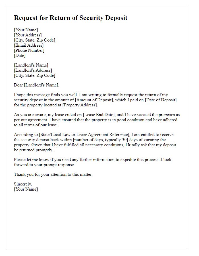 Letter template of tenant's request for the return of security deposit