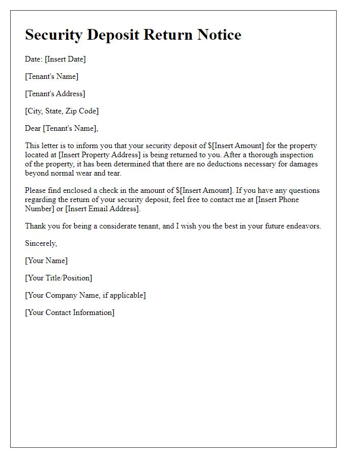 Letter template of tenant security deposit return notice