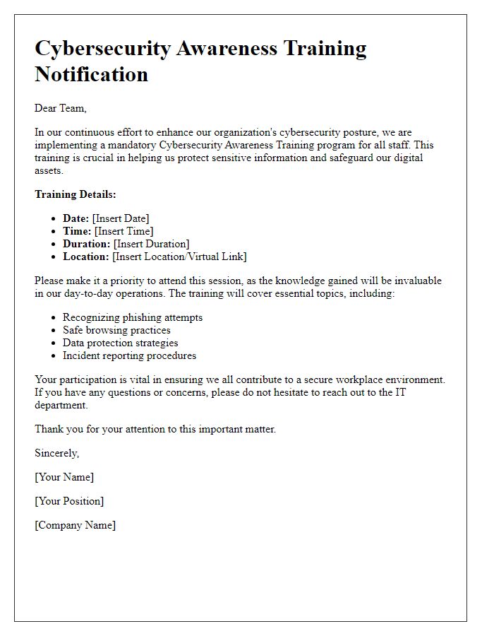 Letter template of cybersecurity awareness training for all staff.