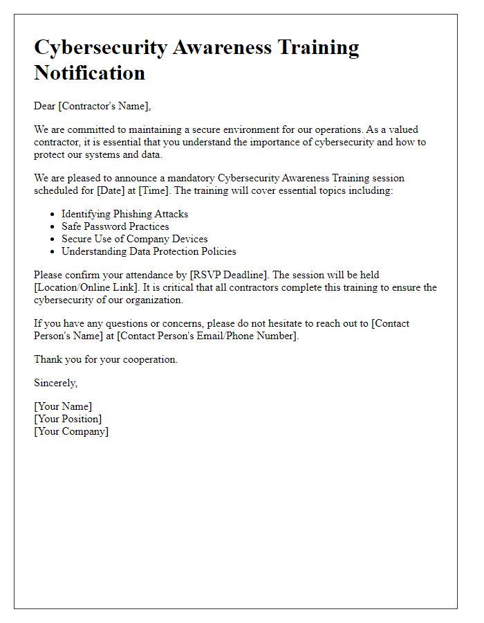 Letter template of cybersecurity awareness training for contractors.