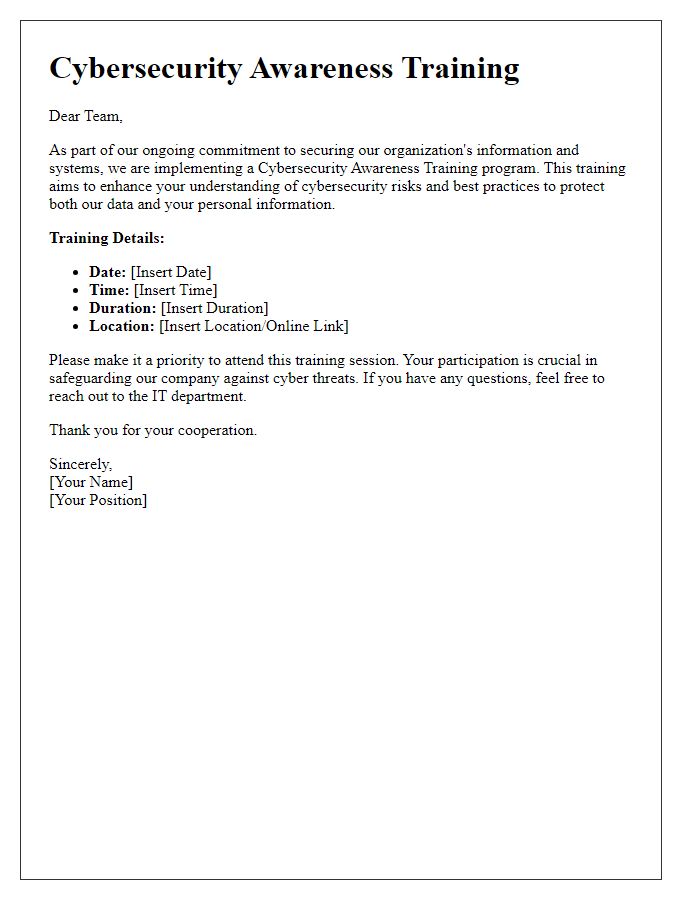 Letter template of cybersecurity awareness training for employees.