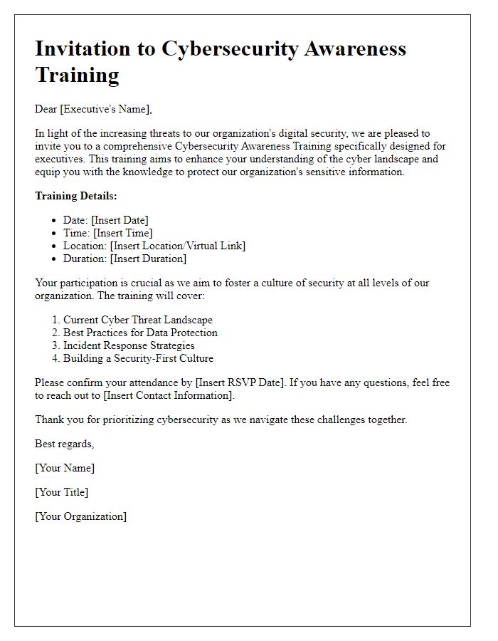 Letter template of cybersecurity awareness training for executives.