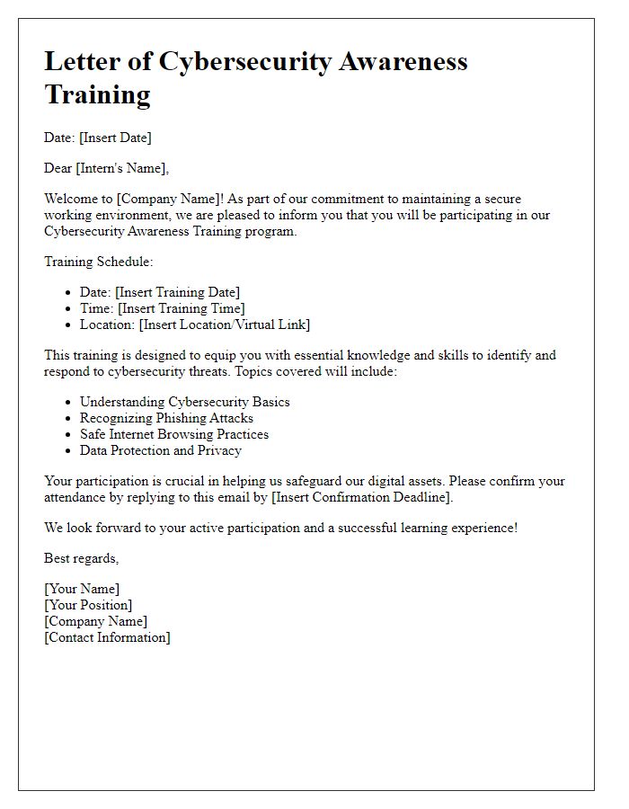 Letter template of cybersecurity awareness training for interns.