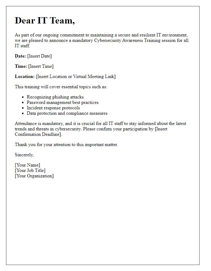 Letter template of cybersecurity awareness training for IT staff.