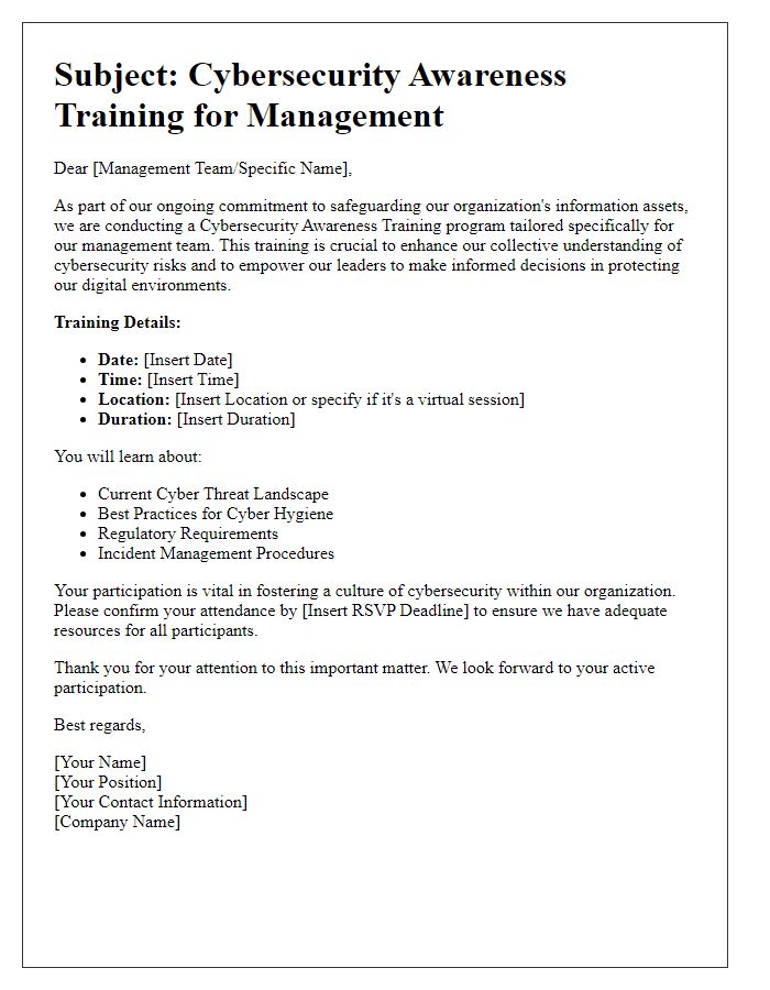 Letter template of cybersecurity awareness training for management.