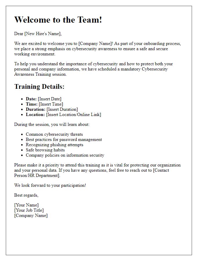 Letter template of cybersecurity awareness training for new hires.