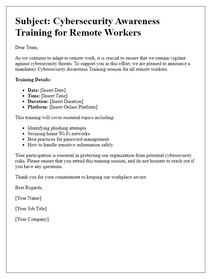 Letter template of cybersecurity awareness training for remote workers.