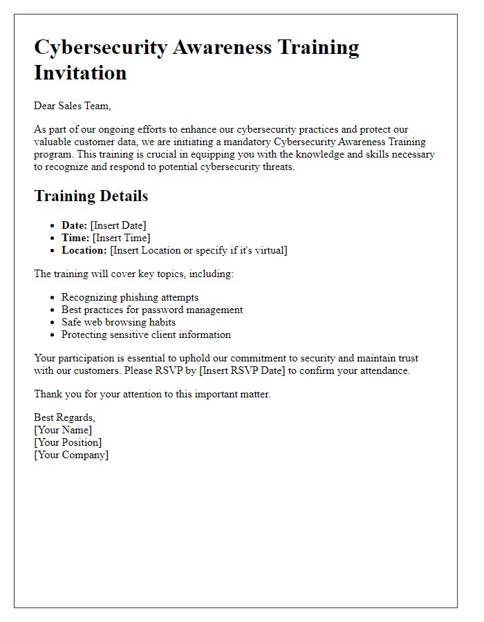 Letter template of cybersecurity awareness training for sales teams.