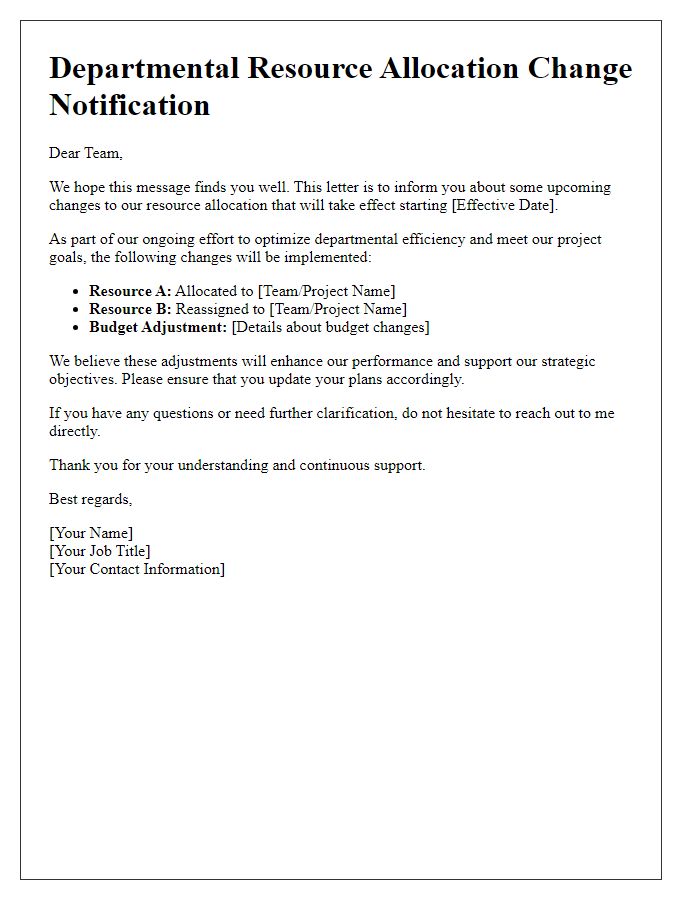 Letter template of resource allocation changes for departmental staff