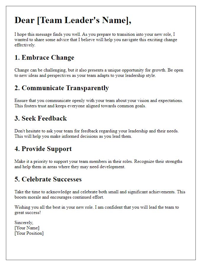 Letter template of role transition advice for team leaders