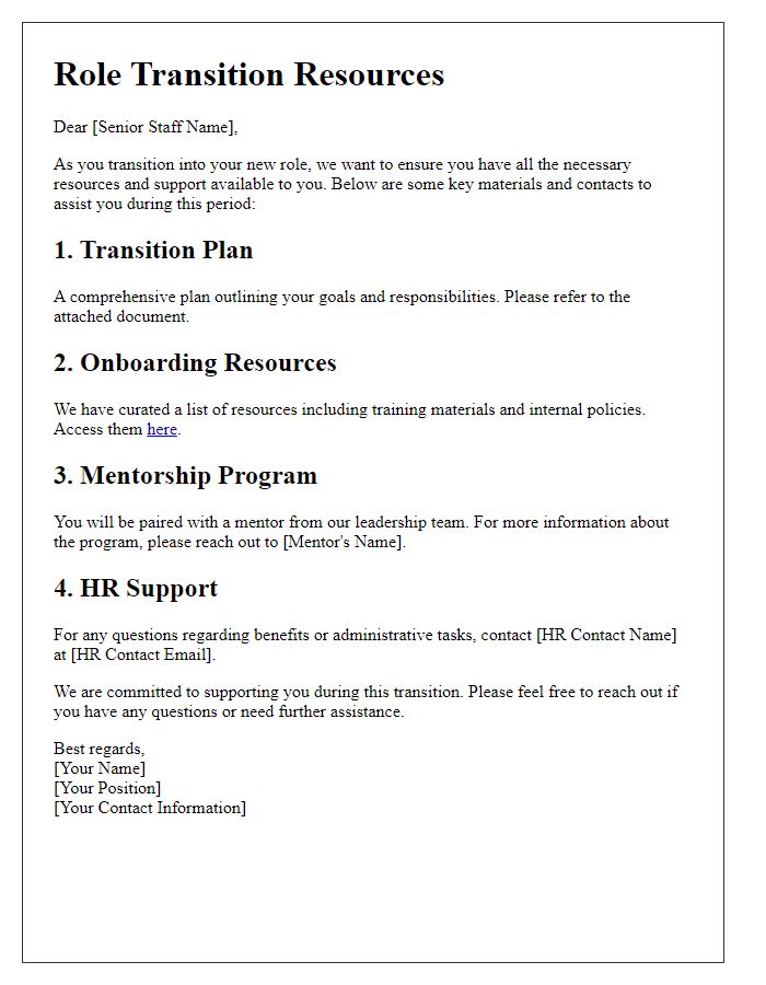 Letter template of role transition resources for senior staff