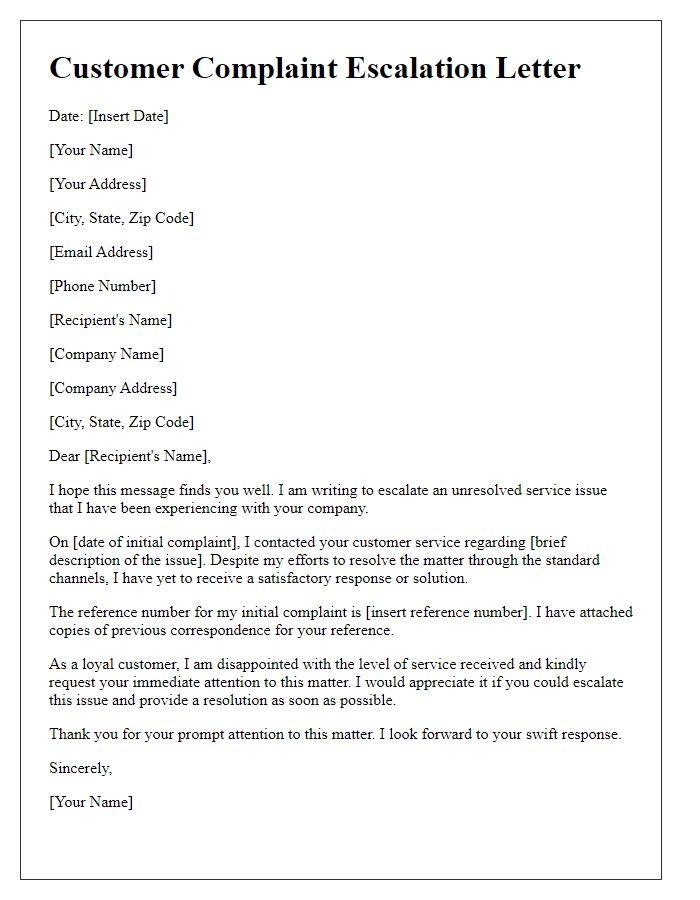 Letter template of Customer Complaint Escalation for Service Issues